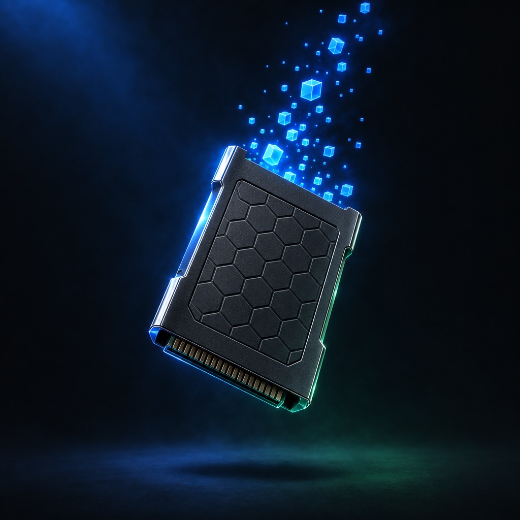 A faceted game cartridge rising in a trail of blue pixels