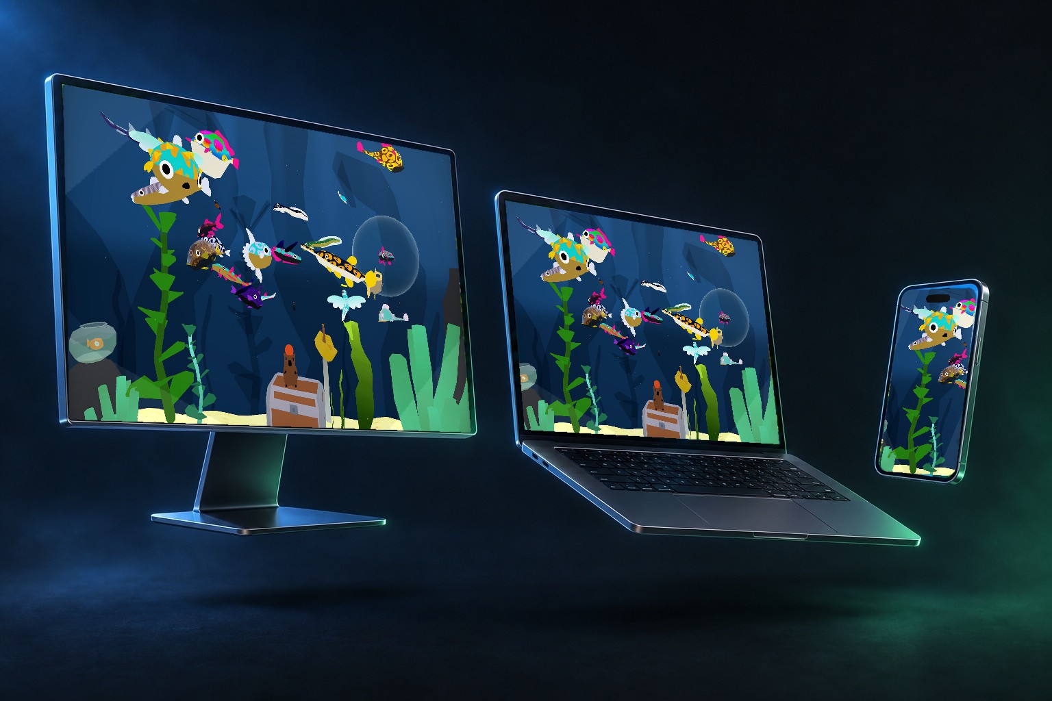 The same game running on a monitor, a laptop and a phone