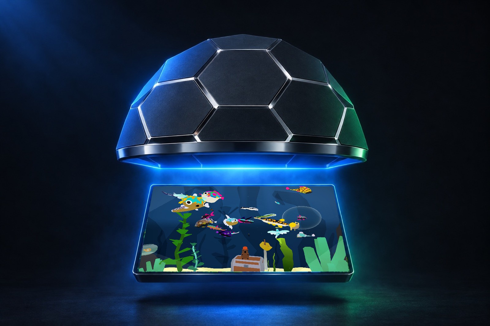 A faceted graphite shell hovering over a glowing screen with a pixel-art game on it