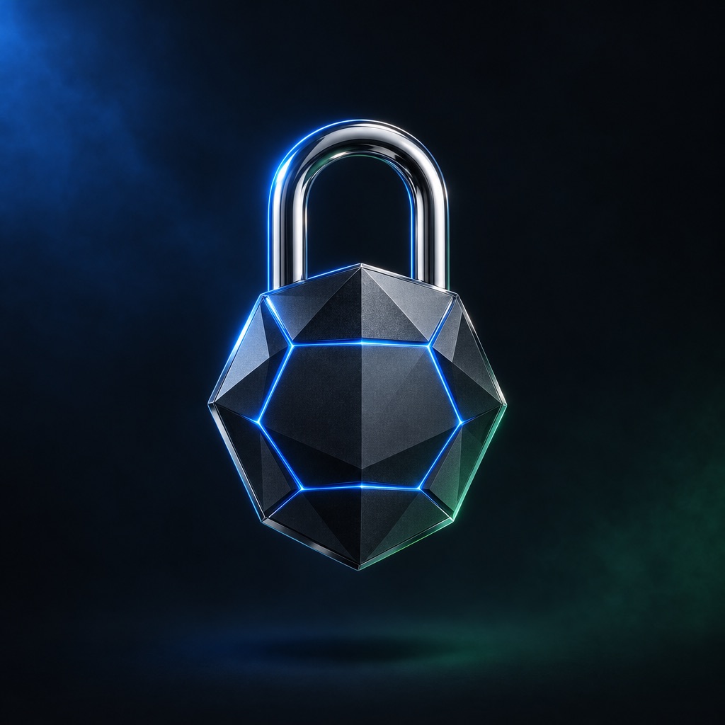 A faceted graphite padlock with blue seams