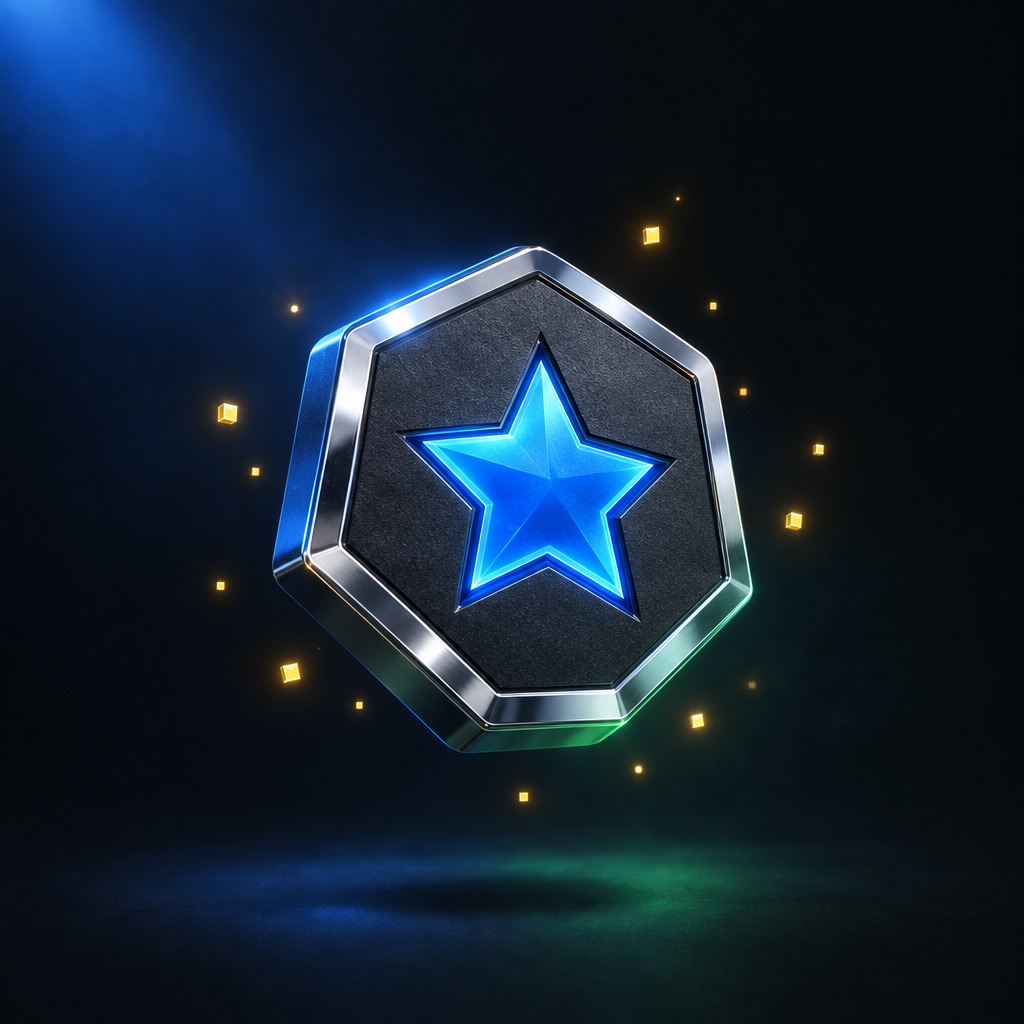 A hexagonal achievement medal with a blue star